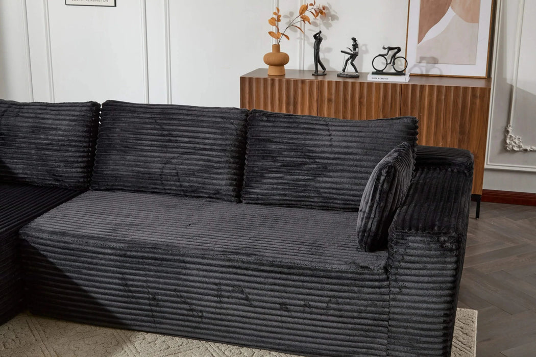Compression Sectional Couch with Comfy Chaise, Boneless L Shape Sofa with Deep Seat, Minimalist Modular Couches Sleeper for Living Room Bedroom Apartment Lounge,corduroy,Black Default -DTYStore