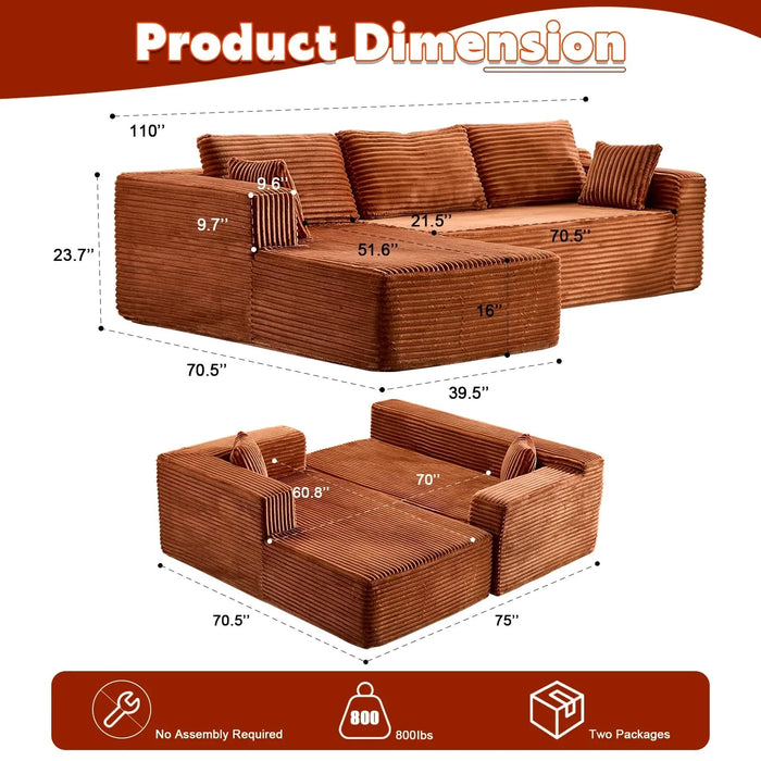 Compression Sectional Couch with Comfy Chaise, Boneless L Shape Sofa with Deep Seat, Minimalist Modular Couches Sleeper for Living Room Bedroom Apartment Lounge,corduroy,Brown Default -DTYStore