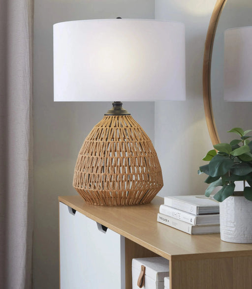 Congo 29' Contemporary Rattan Table Lamp in Natural Rope Rattan, Matte Black Metal and White Linen Shade from Grandview Gallery by LumiSource Default -DTYStore