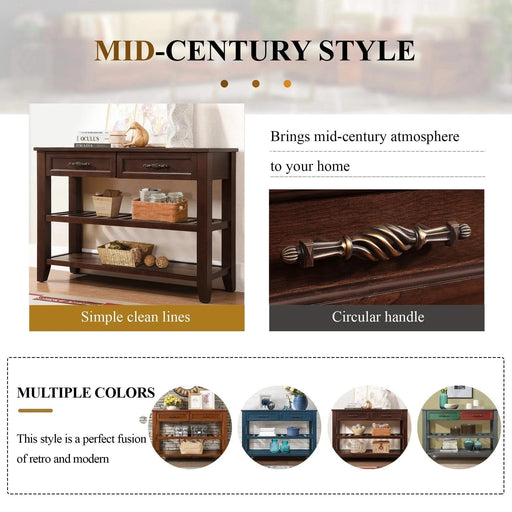 Console Sofa Table with 2 Storage Drawers and 2 Tiers Shelves, Mid-Century Style 42'' Solid Wood Buffet Sideboard for Living Room Furniture Kitchen Dining Room Entryway Hallway, Espresso Default -DTYStore