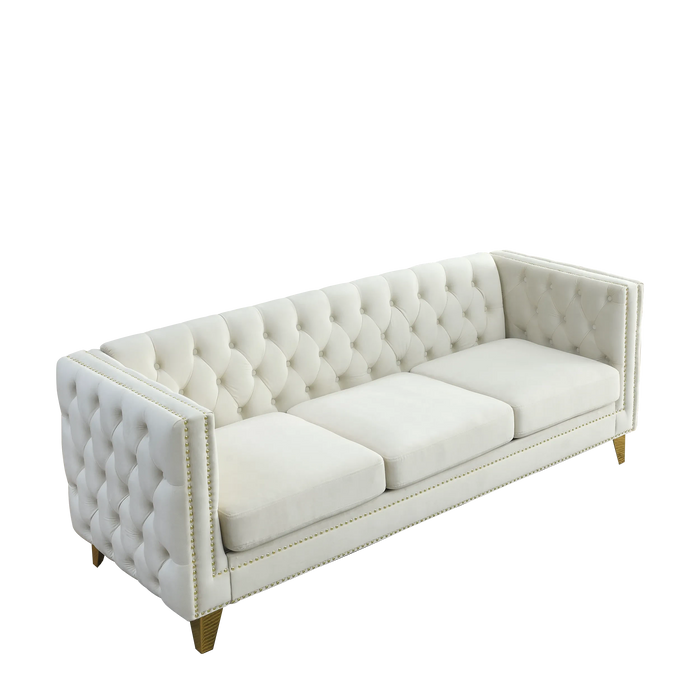 {Contact us for 3D modeling} Velvet Sofa for Living Room,Buttons Tufted Square Arm Couch, Modern Couch Upholstered Button and Metal Legs, Sofa Couch for Bedroom, Beige Velvet(W834S00023) Default -DTYStore