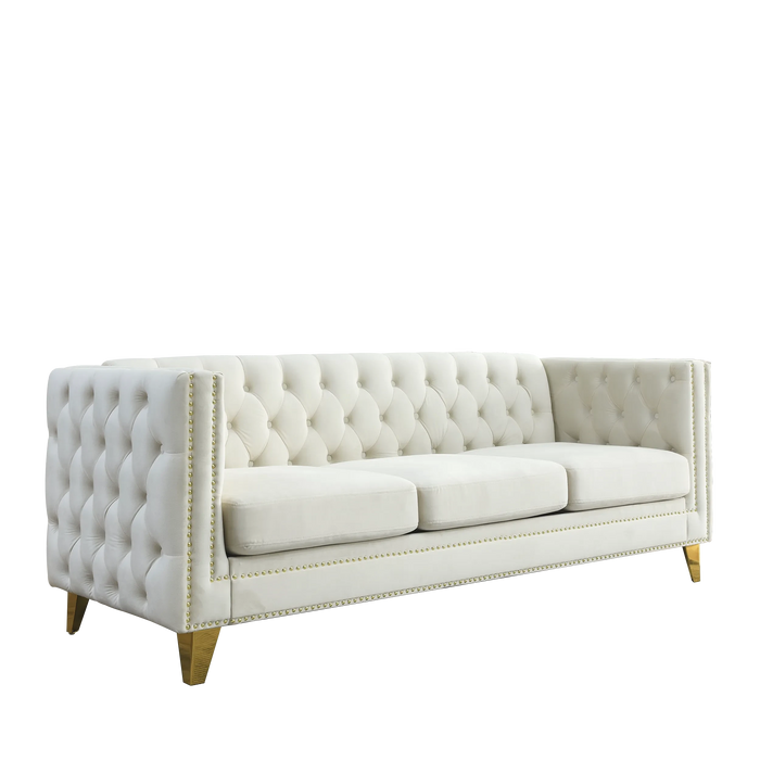 {Contact us for 3D modeling} Velvet Sofa for Living Room,Buttons Tufted Square Arm Couch, Modern Couch Upholstered Button and Metal Legs, Sofa Couch for Bedroom, Beige Velvet(W834S00023) Default -DTYStore