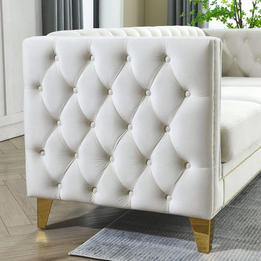 {Contact us for 3D modeling} Velvet Sofa for Living Room,Buttons Tufted Square Arm Couch, Modern Couch Upholstered Button and Metal Legs, Sofa Couch for Bedroom, Beige Velvet(W834S00023) Default -DTYStore