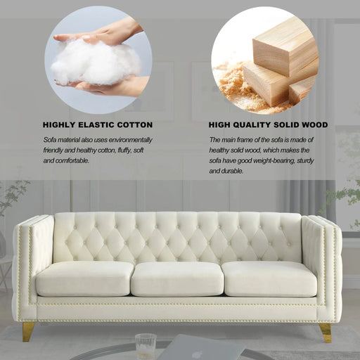 {Contact us for 3D modeling} Velvet Sofa for Living Room,Buttons Tufted Square Arm Couch, Modern Couch Upholstered Button and Metal Legs, Sofa Couch for Bedroom, Beige Velvet(W834S00023) Default -DTYStore