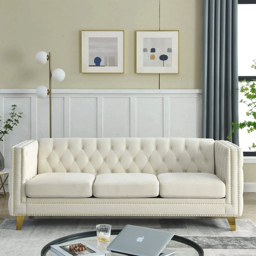 {Contact us for 3D modeling} Velvet Sofa for Living Room,Buttons Tufted Square Arm Couch, Modern Couch Upholstered Button and Metal Legs, Sofa Couch for Bedroom, Beige Velvet(W834S00023) Default -DTYStore