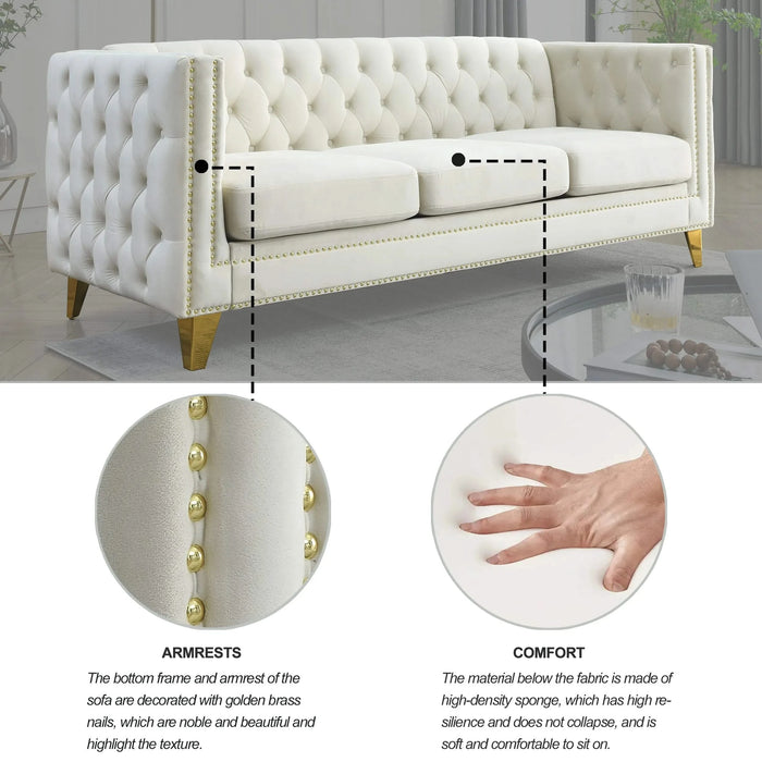 {Contact us for 3D modeling} Velvet Sofa for Living Room,Buttons Tufted Square Arm Couch, Modern Couch Upholstered Button and Metal Legs, Sofa Couch for Bedroom, Beige Velvet(W834S00023) Default -DTYStore