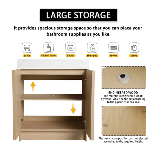 Contemporary 30' Freestanding Bathroom Vanity with White Resin Sink & Soft-Close Cabinet Doors in Oak Finish Default -DTYStore