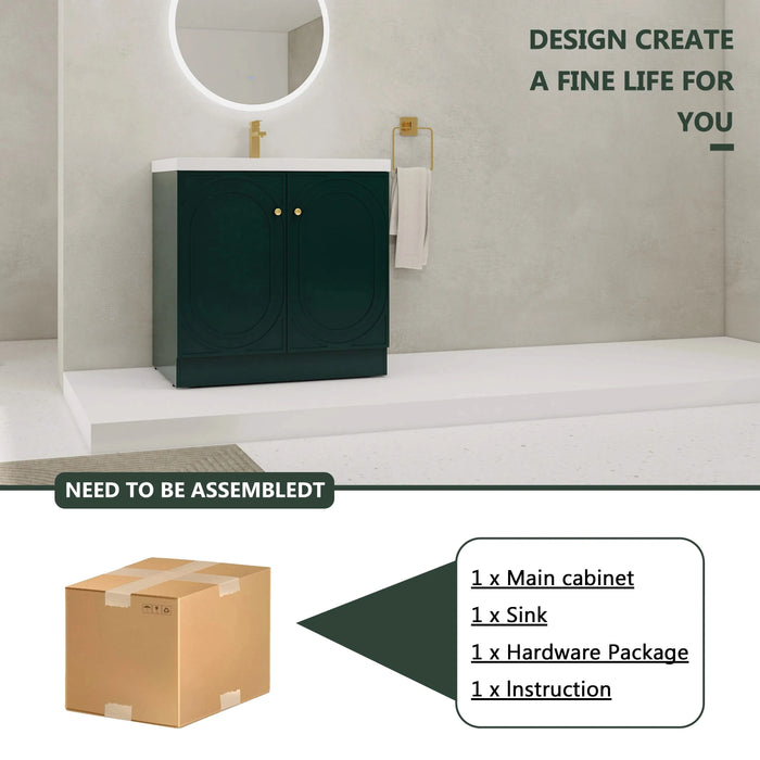 Contemporary 36' Freestanding Bathroom Vanity with White Resin Sink & Soft-Close Cabinet Doors, Dark Green Plywood Default -DTYStore