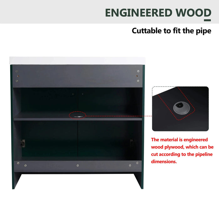 Contemporary 36' Freestanding Bathroom Vanity with White Resin Sink & Soft-Close Cabinet Doors, Dark Green Plywood Default -DTYStore