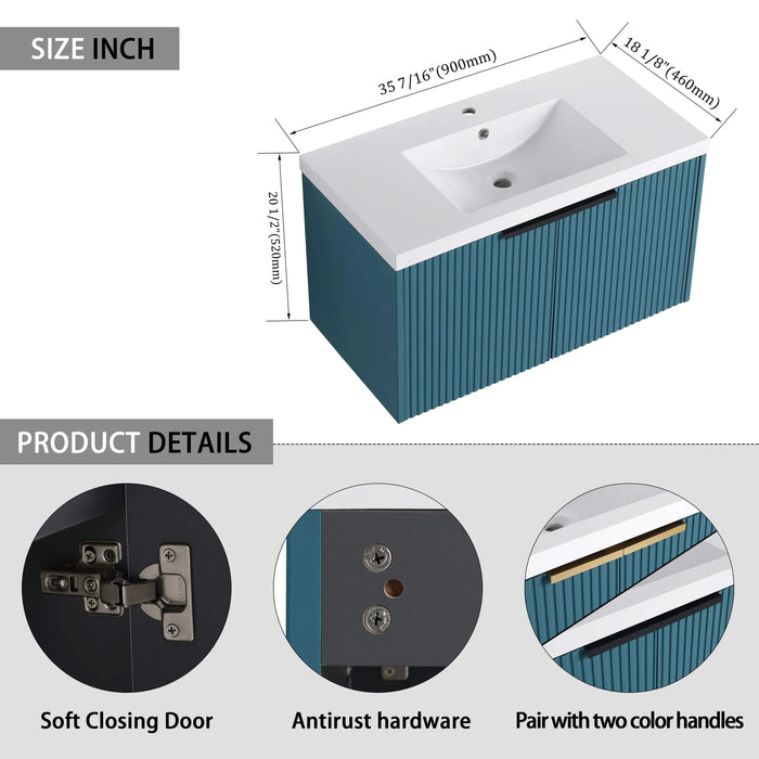 Contemporary 36' Wall Mounted Bathroom Vanity with Resin Sink & Soft-Close Doors, Lake Blue, Plywood Default -DTYStore