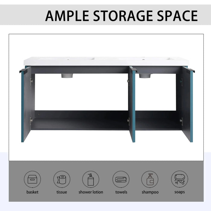 Contemporary 48' Wall Mounted Bathroom Vanity with Resin Double Sink, Lake Blue, Plywood Default -DTYStore