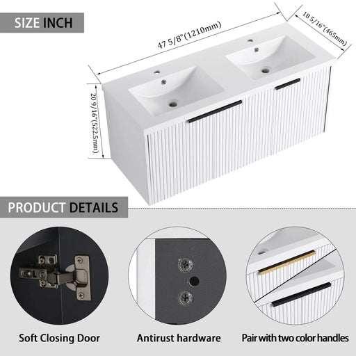 Contemporary 48' Wall Mounted Bathroom Vanity with Resin Double Sink & Soft-Close Doors, White Plywood Default -DTYStore