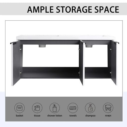 Contemporary 48' Wall Mounted Bathroom Vanity with Resin Double Sink & Soft-Close Doors, White Plywood Default -DTYStore