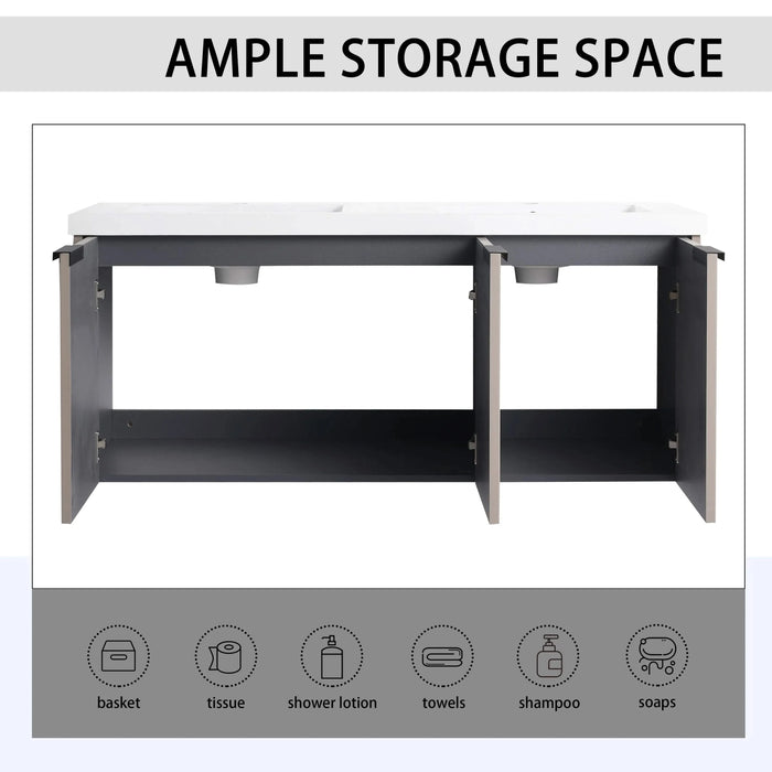 Contemporary 48' Wall Mounted Bathroom Vanity with Resin Double Sink & Soft-Close Doors in Khaki Plywood Default -DTYStore