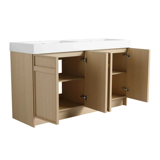 Contemporary 60' Freestanding Bathroom Vanity with White Double Resin Sink & Soft-Close Doors in Oak Finish Default -DTYStore