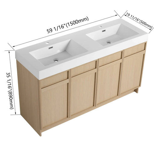 Contemporary 60' Freestanding Bathroom Vanity with White Double Resin Sink & Soft-Close Doors in Oak Finish Default -DTYStore