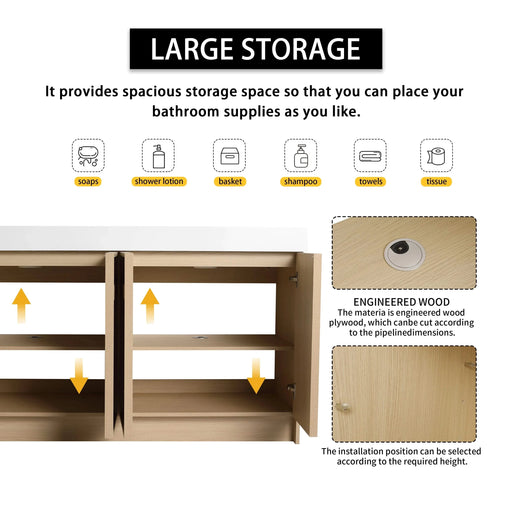 Contemporary 60' Freestanding Bathroom Vanity with White Double Resin Sink & Soft-Close Doors in Oak Finish Default -DTYStore