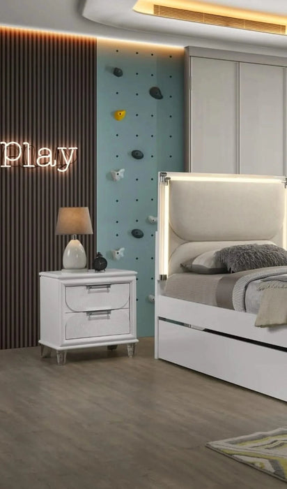 Contemporary Glam Pearl White Twin Size Bed W Trundle 2x Nightstands Embossed Panel 3pc Bedframe Bedroom Furniture Default -DTYStore