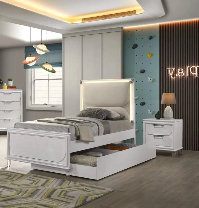 Contemporary Glam Pearl White Twin Size Bed W Trundle 2x Nightstands Embossed Panel 3pc Bedframe Bedroom Furniture Default -DTYStore