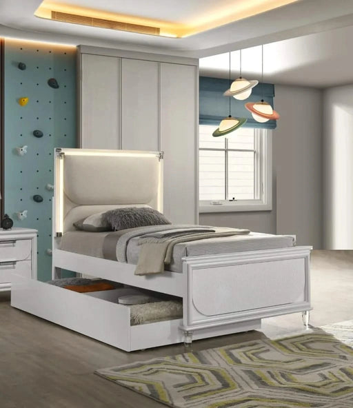 Contemporary Glam Pearl White Twin Size Bed W Trundle 2x Nightstands Embossed Panel 3pc Bedframe Bedroom Furniture Default -DTYStore