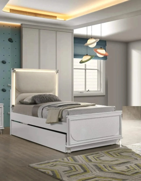 Contemporary Glam Pearl White Twin Size Bed W Trundle 2x Nightstands Embossed Panel 3pc Bedframe Bedroom Furniture Default -DTYStore