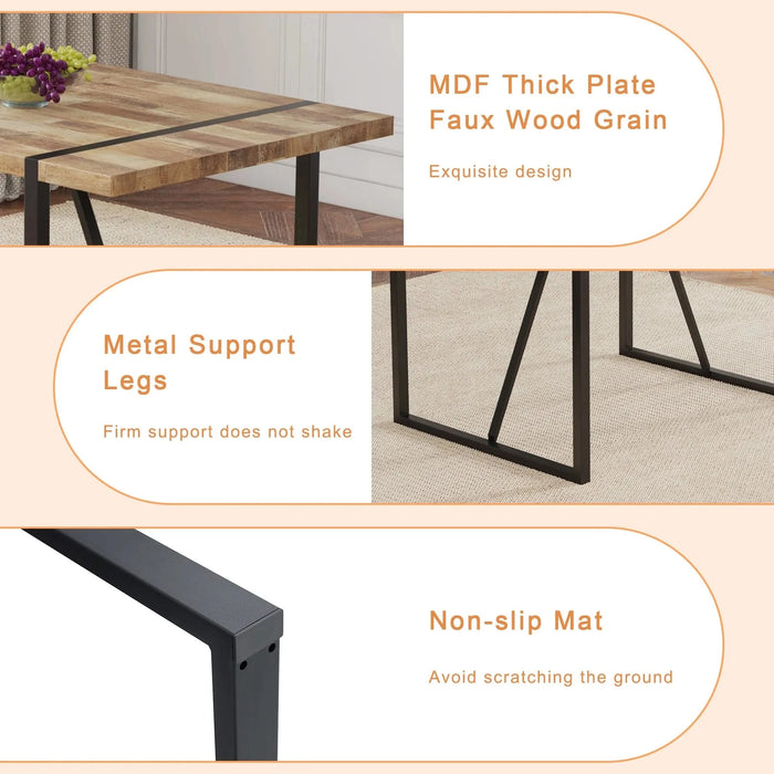 Contemporary Minimalist Retro Rectangular Dining Table with Textured MDF Wood Top and Black Metal Legs Default -DTYStore
