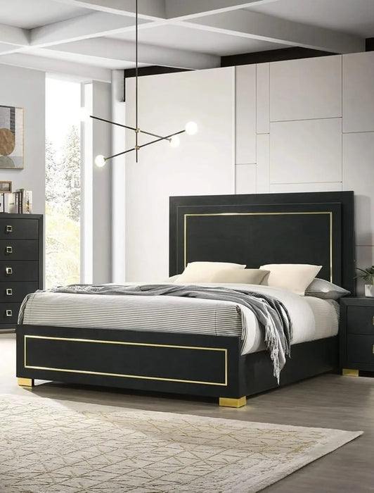 Contemporary Style 3pc Bedroom Set Queen Size Bed And 2x Nightstands Black Wood Gold Accent Legs Default -DTYStore