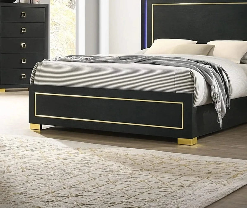 Contemporary Style 3pc Bedroom Set Queen Size Bed And 2x Nightstands Black Wood Gold Accent Legs Default -DTYStore