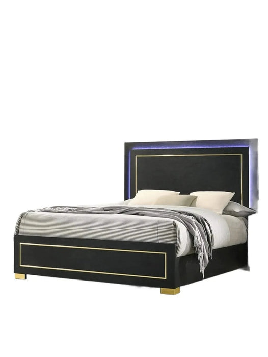 Contemporary Style 3pc Bedroom Set Queen Size Bed And 2x Nightstands Black Wood Gold Accent Legs Default -DTYStore
