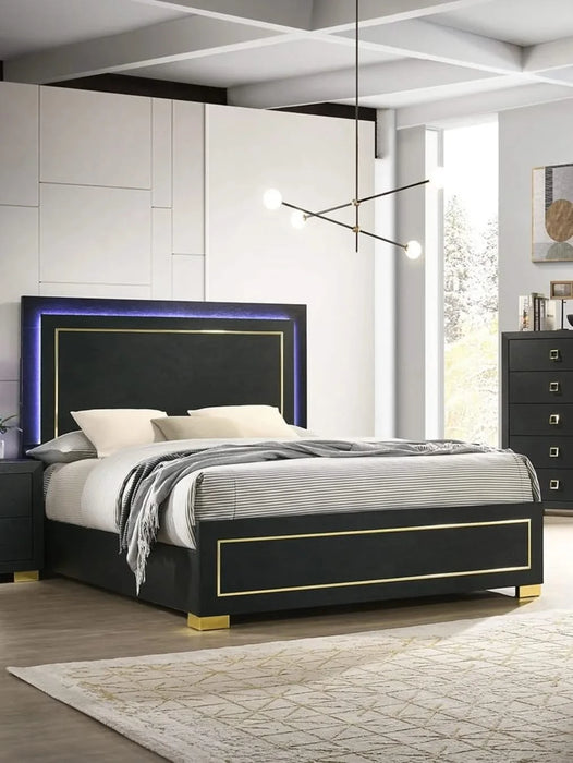 Contemporary Style 3pc Bedroom Set Queen Size Bed And 2x Nightstands Black Wood Gold Accent Legs Default -DTYStore