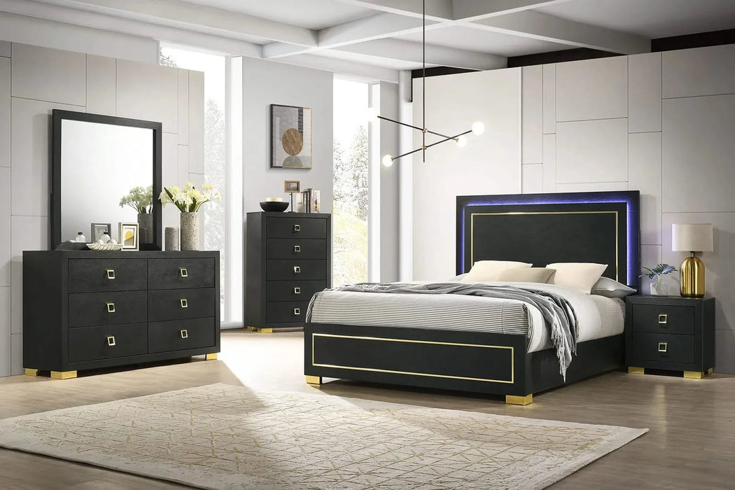 Contemporary Style 3pc Bedroom Set Queen Size Bed And 2x Nightstands Black Wood Gold Accent Legs Default -DTYStore