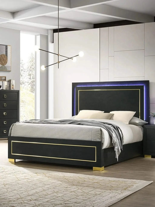 Contemporary Style 3pc Bedroom Set Queen Size Bed And 2x Nightstands Black Wood Gold Accent Legs Default -DTYStore