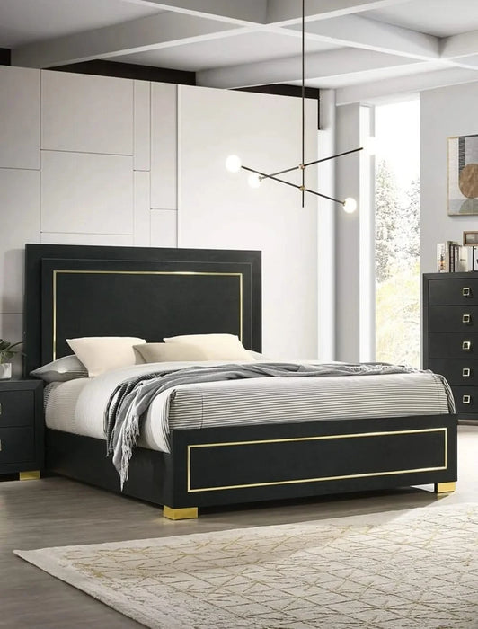 Contemporary Style 3pc Bedroom Set Queen Size Bed And 2x Nightstands Black Wood Gold Accent Legs Default -DTYStore