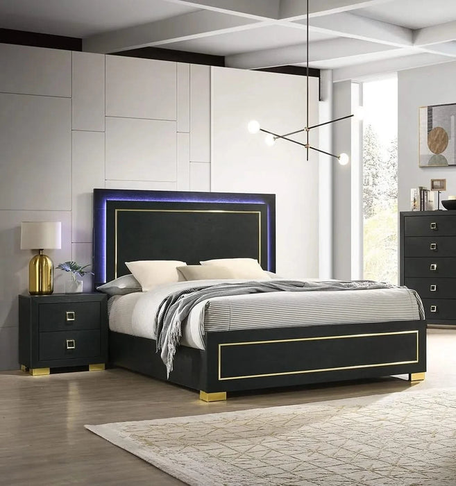 Contemporary Style 3pc Bedroom Set Queen Size Bed And 2x Nightstands Black Wood Gold Accent Legs Default -DTYStore