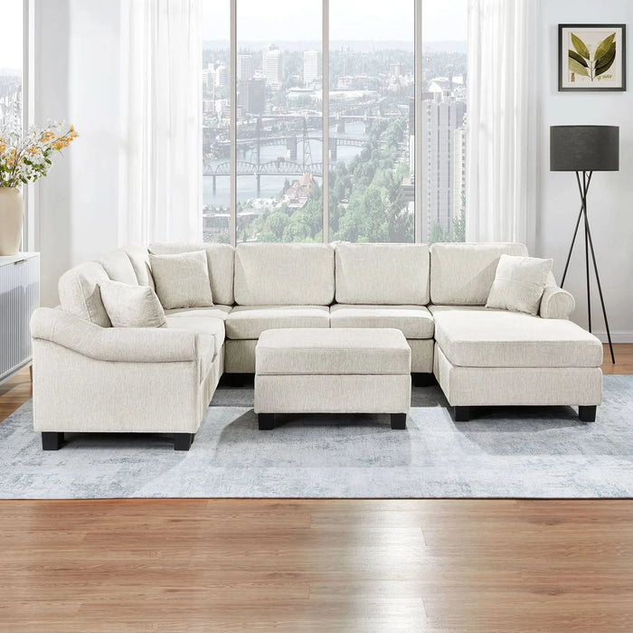 Contemporary U-shaped Sectional Sofa with Movable Storage Ottoman, White Chenille 111.8' Default -DTYStore