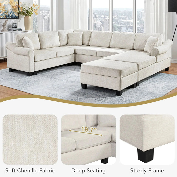 Contemporary U-shaped Sectional Sofa with Movable Storage Ottoman, White Chenille 111.8' Default -DTYStore