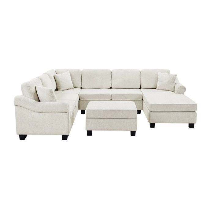 Contemporary U-shaped Sectional Sofa with Movable Storage Ottoman, White Chenille 111.8' Default -DTYStore