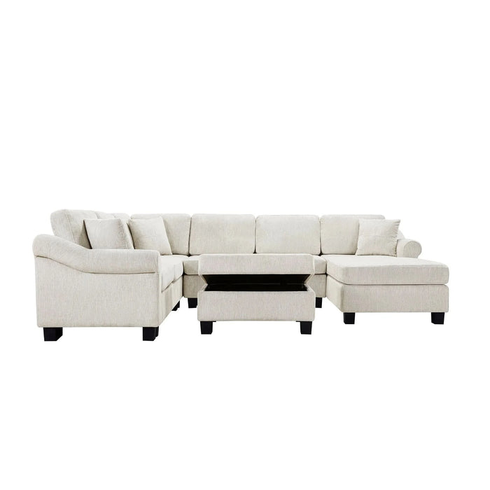 Contemporary U-shaped Sectional Sofa with Movable Storage Ottoman, White Chenille 111.8' Default -DTYStore