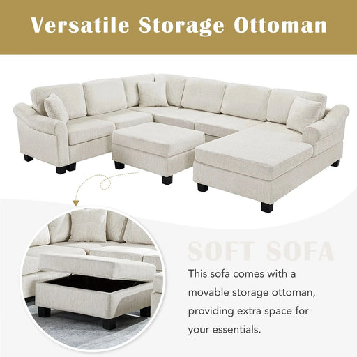 Contemporary U-shaped Sectional Sofa with Movable Storage Ottoman, White Chenille 111.8' Default -DTYStore