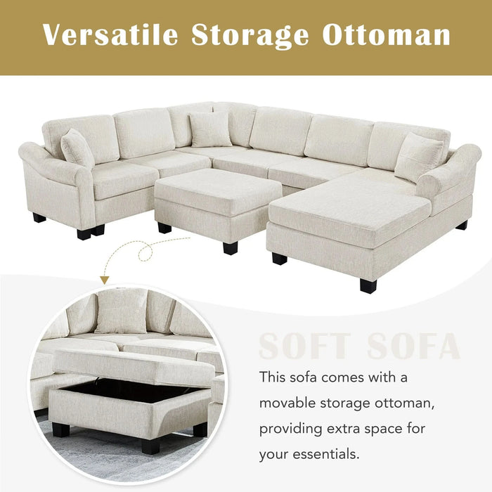 Contemporary U-shaped Sectional Sofa with Movable Storage Ottoman, White Chenille 111.8' Default -DTYStore