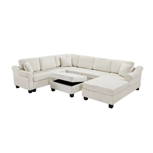 Contemporary U-shaped Sectional Sofa with Movable Storage Ottoman, White Chenille 111.8' Default -DTYStore