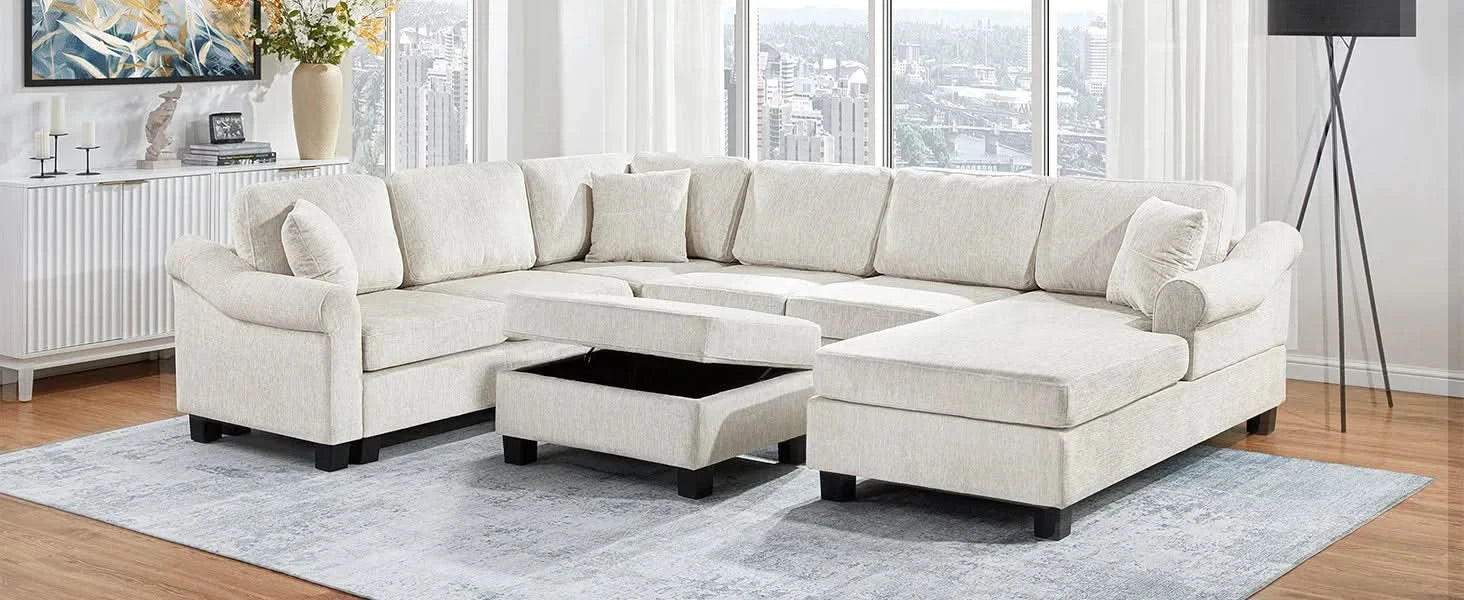 Contemporary U-shaped Sectional Sofa with Movable Storage Ottoman, White Chenille 111.8' Default -DTYStore