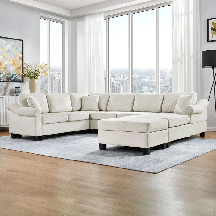 Contemporary U-shaped Sectional Sofa with Movable Storage Ottoman, White Chenille 111.8' Default -DTYStore