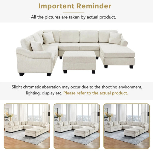 Contemporary U-shaped Sectional Sofa with Movable Storage Ottoman, White Chenille 111.8' Default -DTYStore