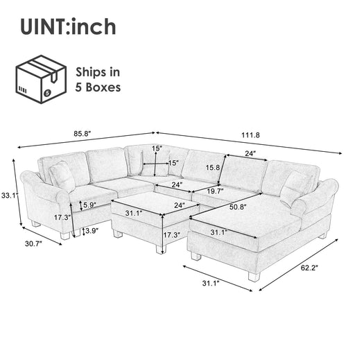 Contemporary U-shaped Sectional Sofa with Movable Storage Ottoman, White Chenille 111.8' Default -DTYStore