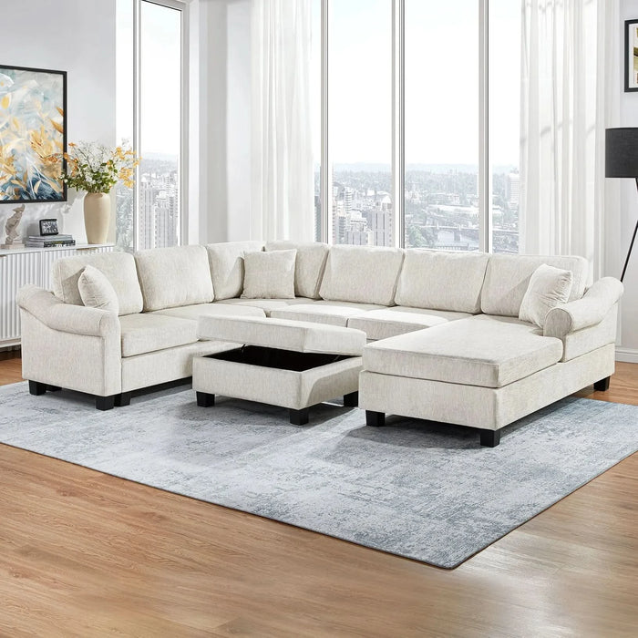 Contemporary U-shaped Sectional Sofa with Movable Storage Ottoman, White Chenille 111.8' Default -DTYStore