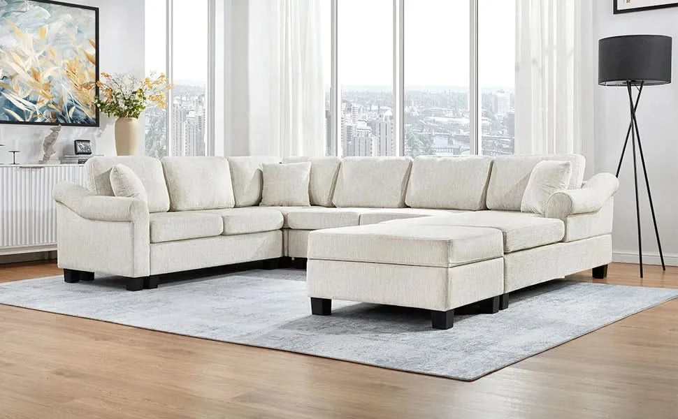 Contemporary U-shaped Sectional Sofa with Movable Storage Ottoman, White Chenille 111.8' Default -DTYStore