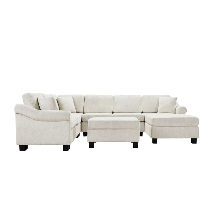 Contemporary U-shaped Sectional Sofa with Movable Storage Ottoman, White Chenille 111.8' Default -DTYStore