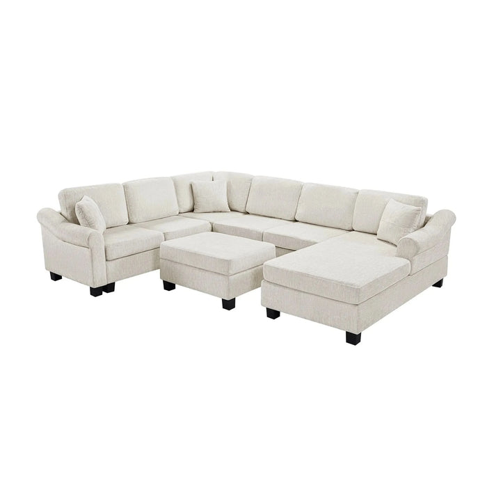 Contemporary U-shaped Sectional Sofa with Movable Storage Ottoman, White Chenille 111.8' Default -DTYStore