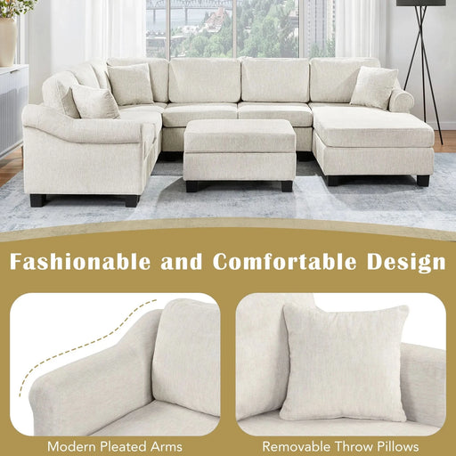 Contemporary U-shaped Sectional Sofa with Movable Storage Ottoman, White Chenille 111.8' Default -DTYStore